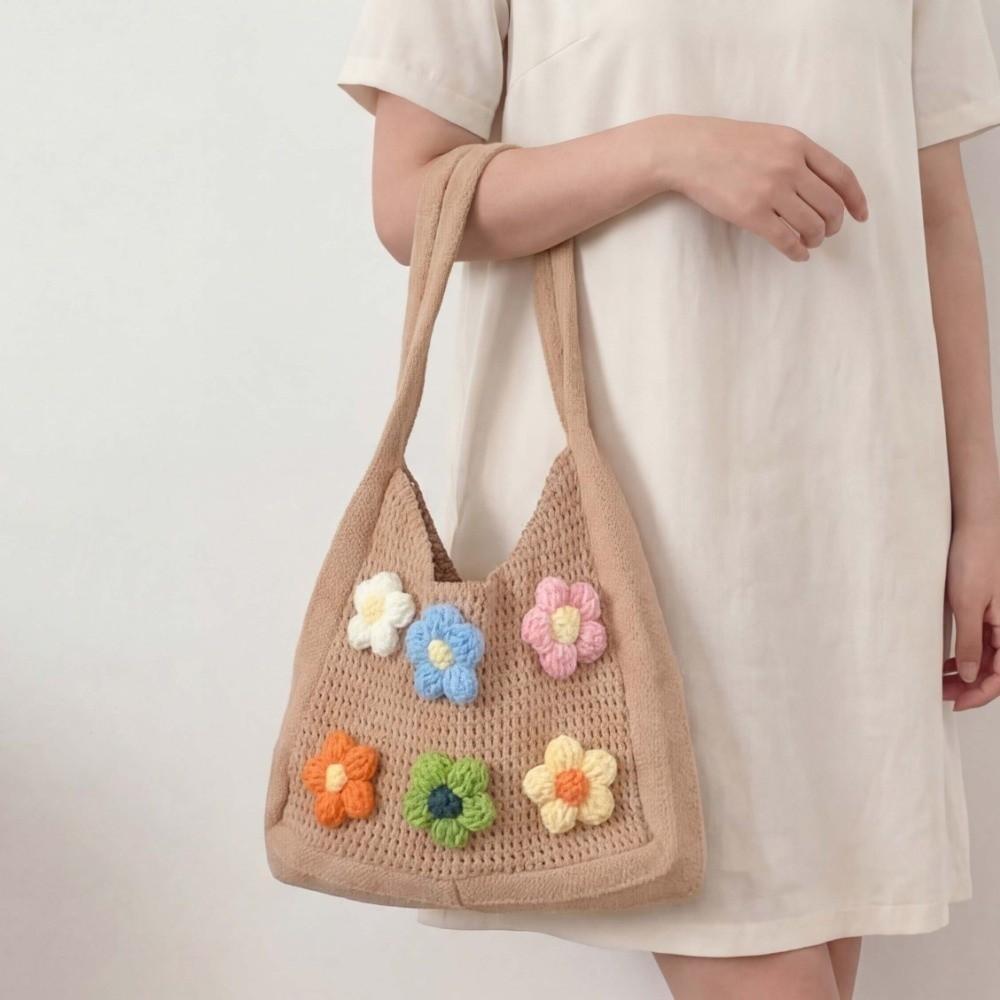 Sweet Knitted Tote Bag Breathable Seaside Vacation Handbag Storage Bag Crochet Shoulder Bag School