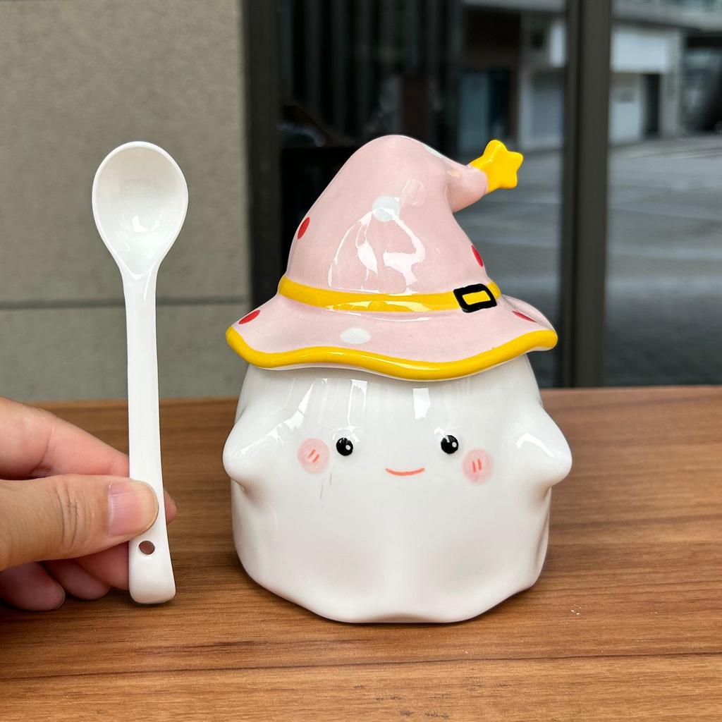 Tag des Lehrers Geschenk Niedlicher Rosa Geist Becher mit Deckel Keramik Wasserbecher Mädchen Geburtstag Praktischer Kreativer Becher