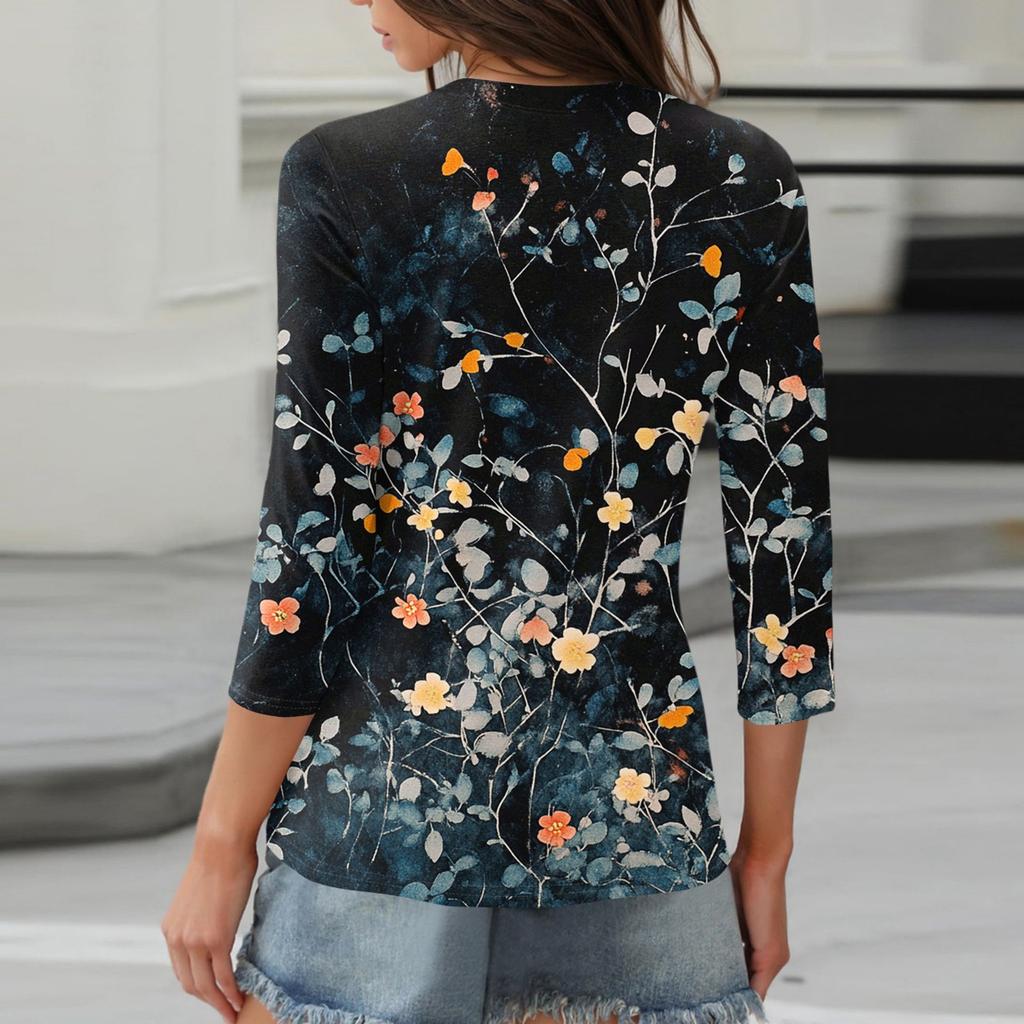 Damen V-Ausschnitt Freizeit Dreiviertelarm Knopf-Detail Top mit Blumenmuster