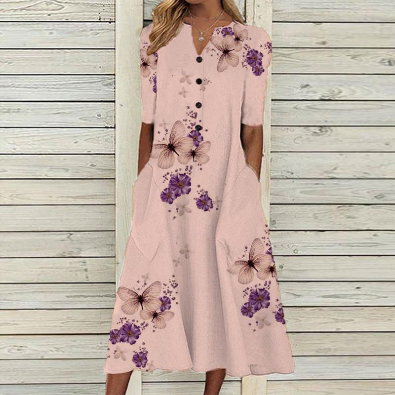 Elegante Frauen Kleider V-ausschnitt Kurzarm Taste Party Kleid Frauen Sommer Vintage Print Kleid Casual Lose Blume Damen Kleider