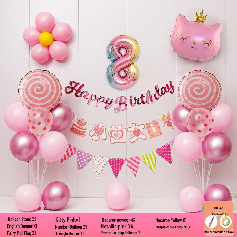 Happy Birthday Balloons for 7-8-Year-Old Girls - Home Party Decoration and Background Wall Decor