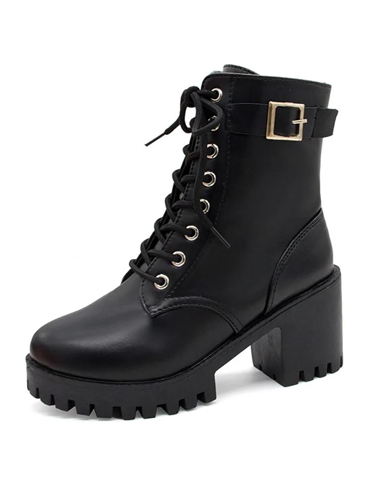 Autumn new single boot lace up black round toe thick heel high-heeled belt buckle women's short boots trend