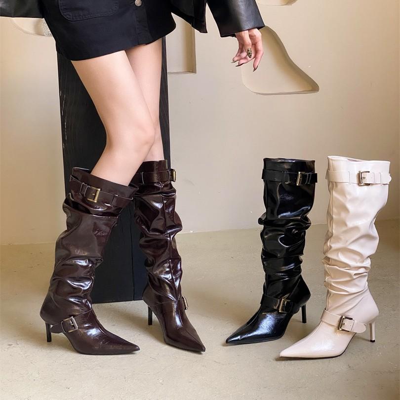 Spice Girl Style European and American Pointed White Pile Boots High Heel Boots Women's 2025 Autumn Belt Buckle High Heel Boots