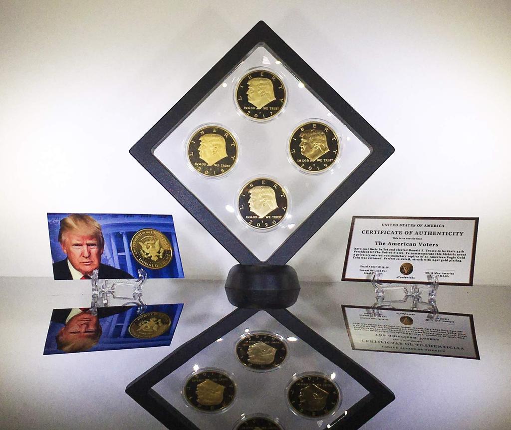 Conjunto de Moedas de 4 Anos do Primeiro Mandato de Donald Trump, Edição de Colecionador, Moedas Réplicas Banhadas a Ouro, 2017, 2018, 2019, 2020, Estojo de Exibição Diamante Certificado