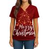 Women's Christmas Print V-Neck Double Pocket Short Sleeves Hem Slit  Uniform And Caregiver Top