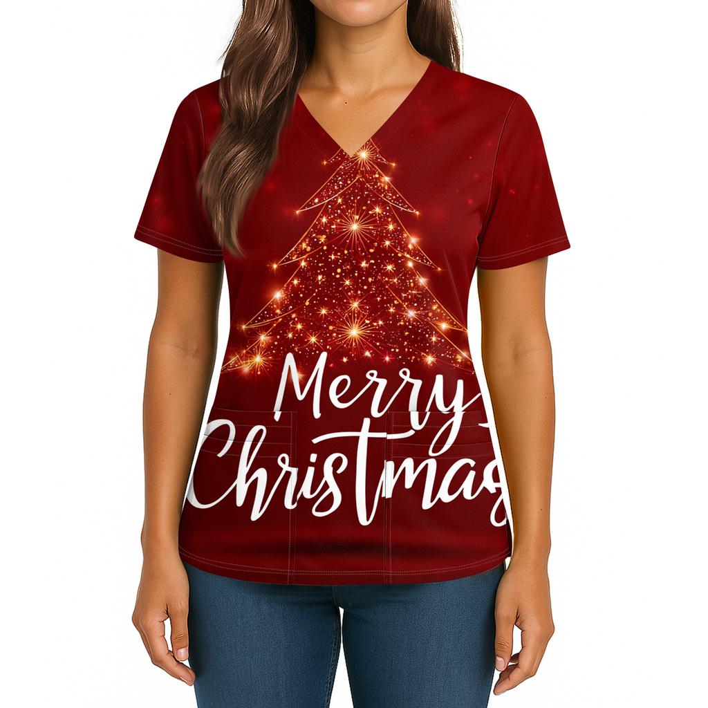 Women's Christmas Print V-Neck Double Pocket Short Sleeves Hem Slit  Uniform And Caregiver Top