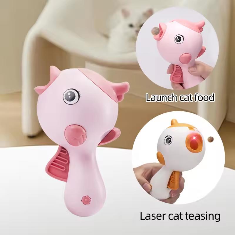 Portable Dual Function Treat Shooting Laser Teaser Slow Feed Cat Toy for Household Cats Indoor Play Cute Bird Shaped Handheld