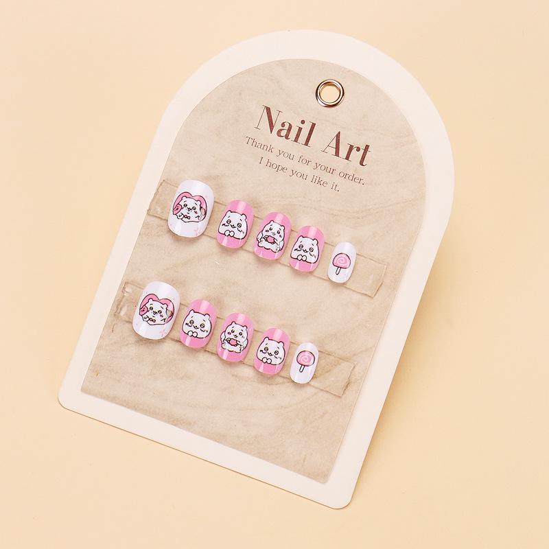 

Детские мультяшные наклейки для ногтей «Маленький медвежонок» - 24 съемных розово-белых блочных накладных ногтя Gel Glue Version