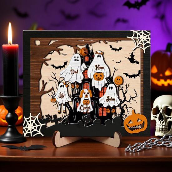 Halloweenská rodinná cedule s duchem Dřevěný fotorámeček s duchem Stolní dekorace pro Halloween Selský police Stolní domácí dekorace