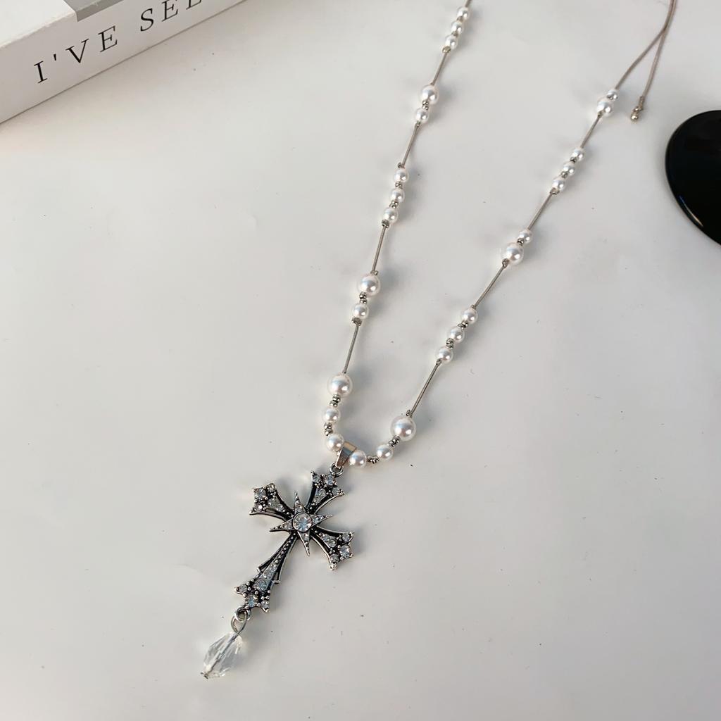 Diamond-encrusted Artificial Pearl Cross Water Drop Necklace Personalized Fashion Long Sweater Chain Autumn and Winter Versatile New Item Accessories