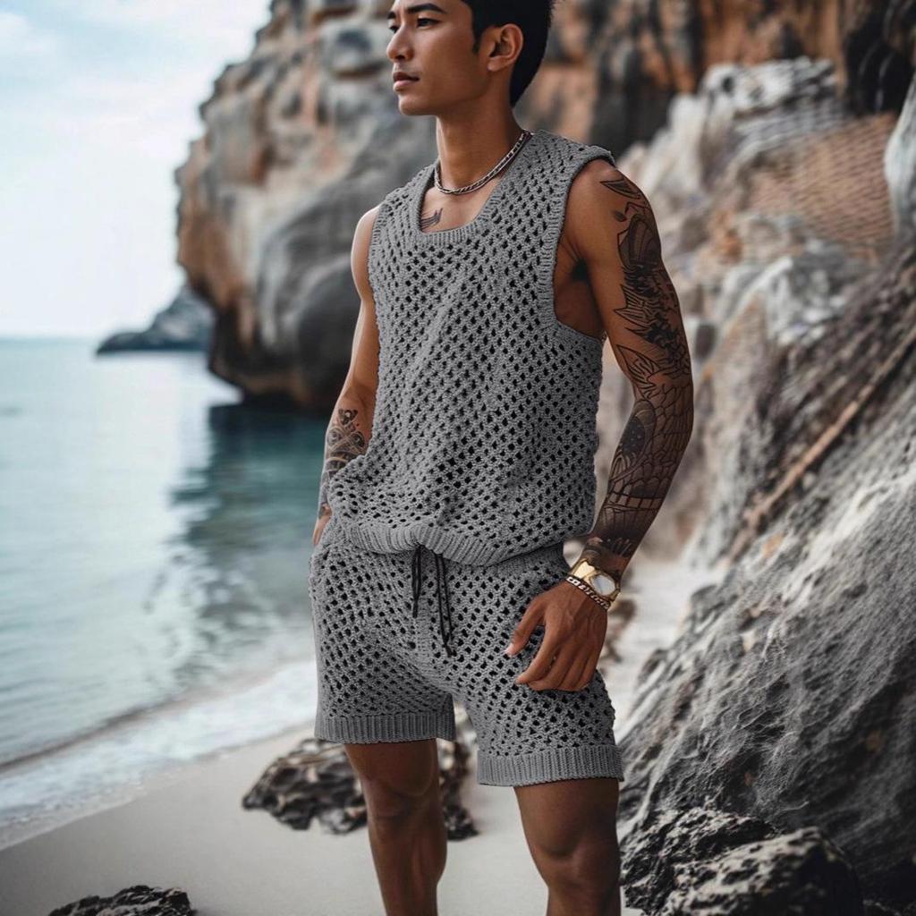 European Summer 2026 Casual Knitwear Two-Piece Set: Breathable, Trendy Hollow-Out Shorts & Versatile Top