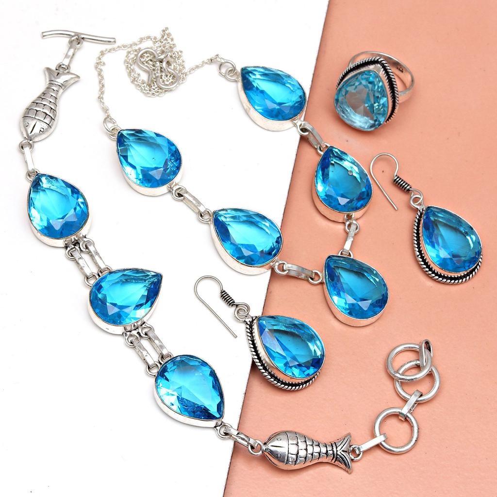 Topaz Blue London Jewelry Set  Gemstone Necklace Gift Sterling