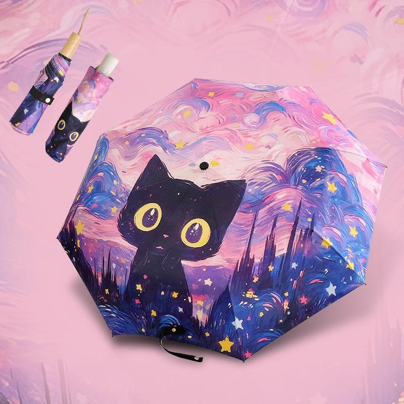 Blue Green Purple Powder Cat Cartoon Fold Umbrella Fully Automatic Umbrella Women'S Dual-Purpose Sun Umbrella Portable Umbrella