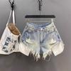 Lichtblauw Hot Girl Modieuze Zakken Zijn Bloot Handgemaakt Gerafeld Geborsteld Ruwe Rand Denim Ultra-korte Hotpants
