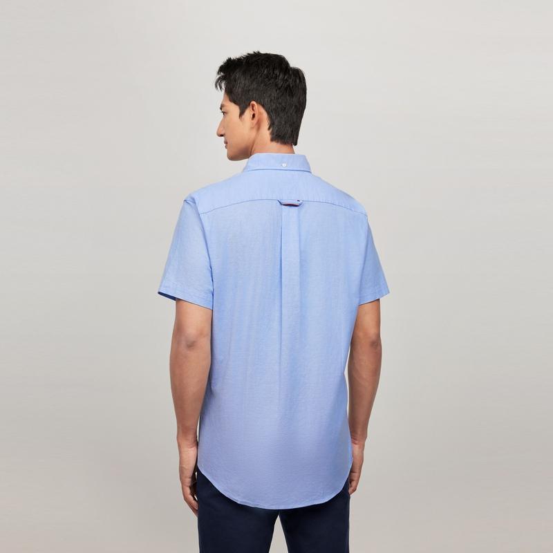 Tommy Hilfiger Stretch Oxford Simple Business Casual Short Sleeve Shirt Men shirts Blue C8178J3903430