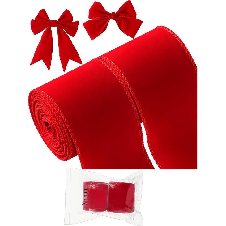 2 Rolls 2.5 Inch 10 Yards Christmas Velvet Ribbon Single Face Christmas Plain Velvet Ribbon for Gift Wrapping Crafts Xmas Wreath Tree Decor(Red)