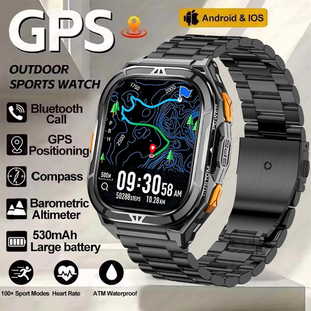 2025 New GPS Track Smart Watch Men 5ATM Waterproof 1.96"AMOLED Always Display Compass Heart Rate 530mAh Battery BT Call Smartwatch