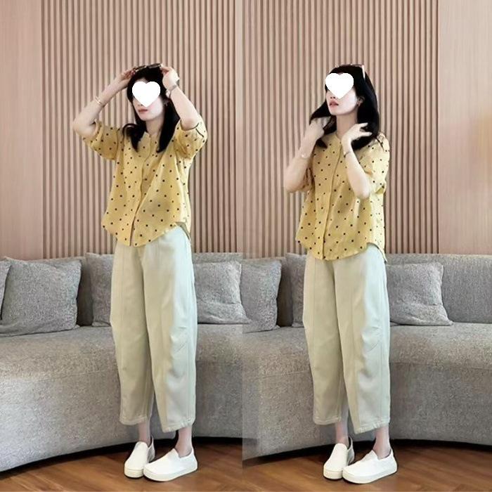 

Women s Summer Dress Sets Featuring Rare Polka Dot Shirts, Loose Summer Tops, and Casual Pants in A Two-piece Set. 4XL