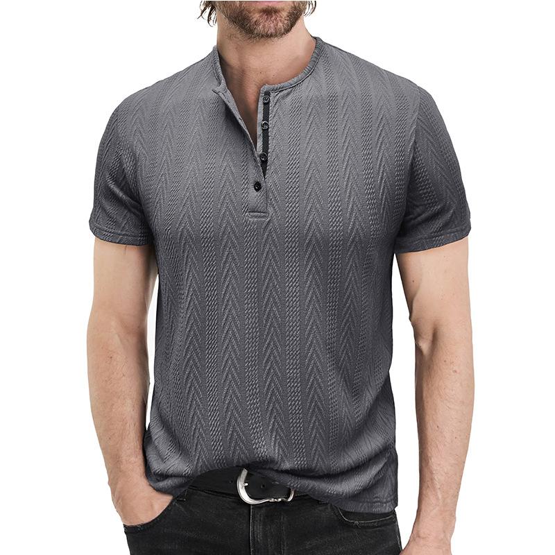 Mens Summer Short Sleeve Knitted Henley Shirt Striped Casual Tee