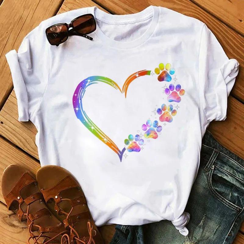 Womens CartoonTshirt Colorful Heart AndDog Paw Print Tshirt Womens Summer Tshirt 90s Girl ShortSleeve Tshirt Black Tshirt