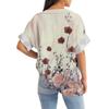 Women's Cotton Linen Round Neck Short Sleeve With Button Tops Printed T-shirt