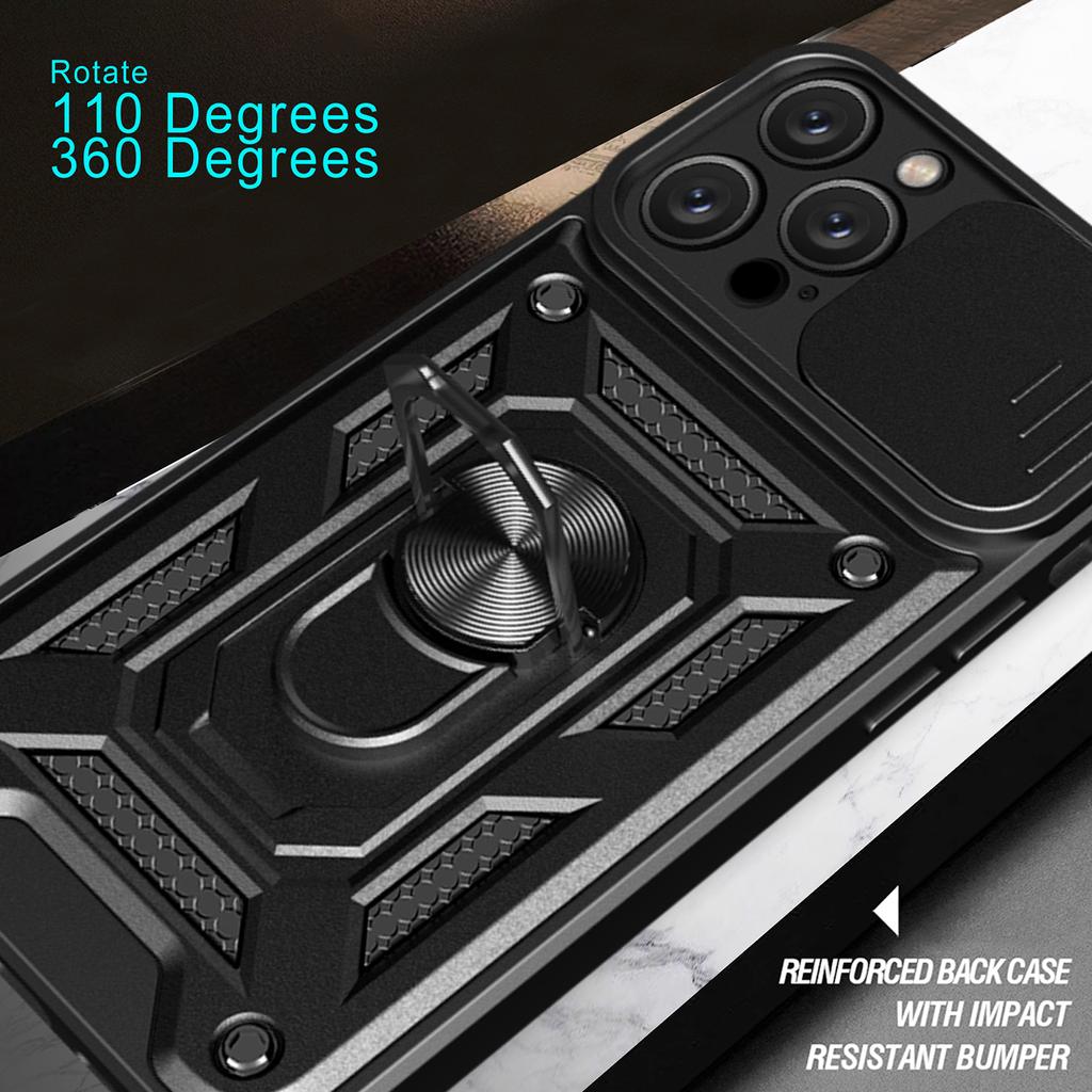 For iPhone 16 Pro Case with Slide Camera Lid PC+TPU Kickstand Phone Cover