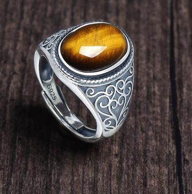 S925 Silver Tiger Eye Stone Live Mouth Men's Ring Vintage Style Natural Gift Opening Ring Gold Sense