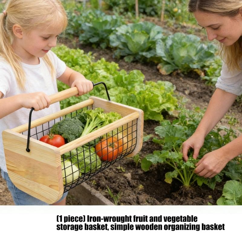 Large Capacity Fruit Vegetable Storage Basket with Wood Handle For Produce Collection And Home Organization 41x23x18cm
