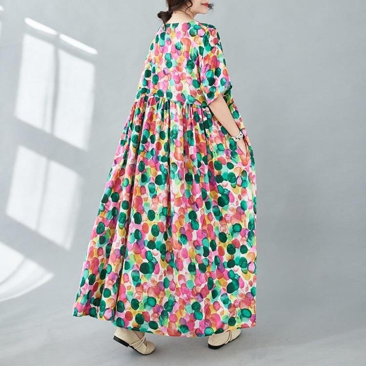 New Vintage Floral Plus Size Cotton Dress Casual Loose Long Summer Short Sleeve for Women