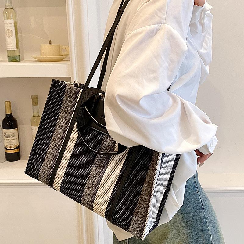 Summer Women's Bags Women's New Canvas Bag Commuter Bag Striped Hand Tote Bag
