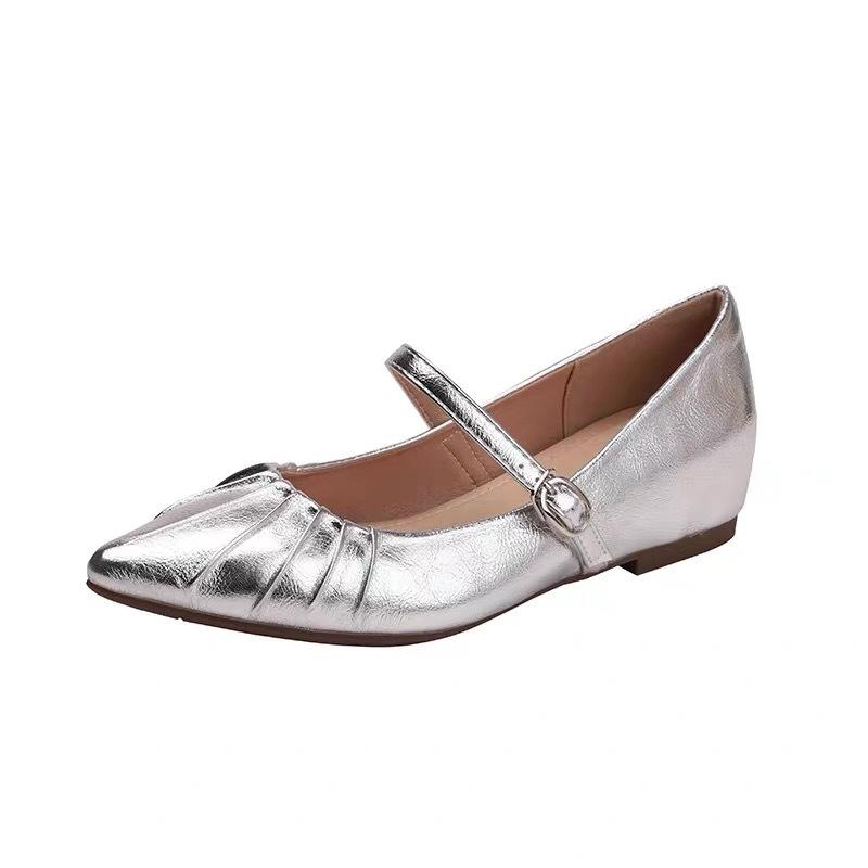 Damen-Schuhe mit innerer Erhöhung, Frühling und Herbst 2025 neu, Retro-Einspangen-Mary-Jane-Schuhe mit Falten, spitz zulaufend, flacher Ausschnitt, Einzelne Schuhe