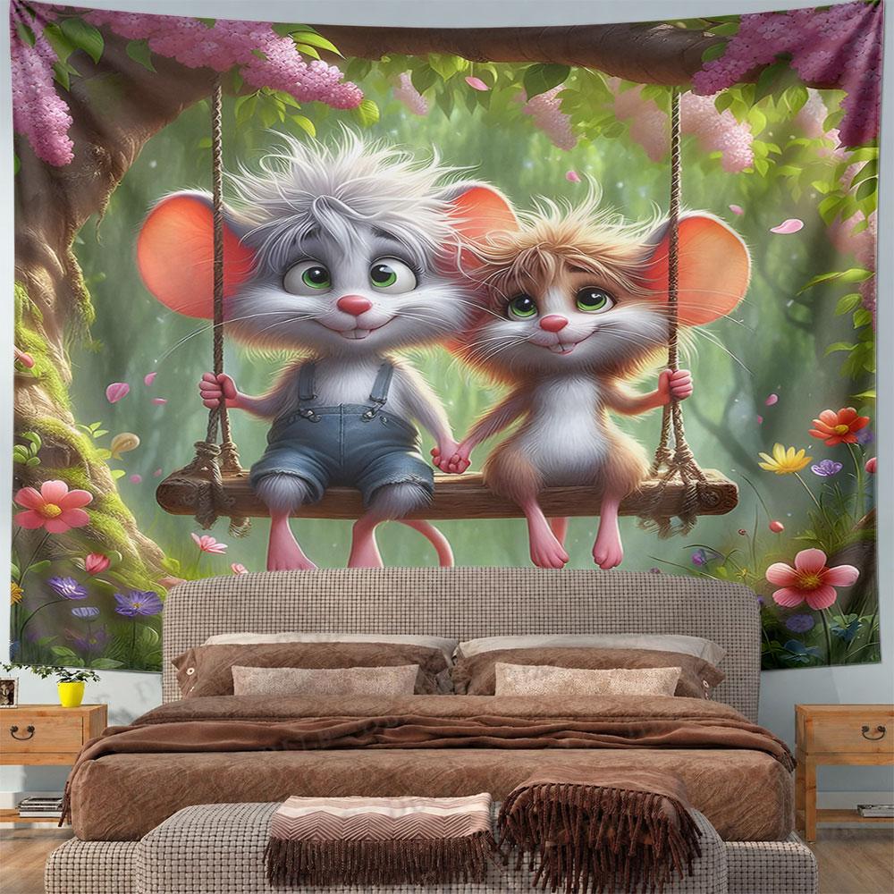 Cute Mice on Swing in Enchanted Garden Pattern Wall Hanging Tapestry Decorative Tapestry Home Decor for Bedroom and Living Room