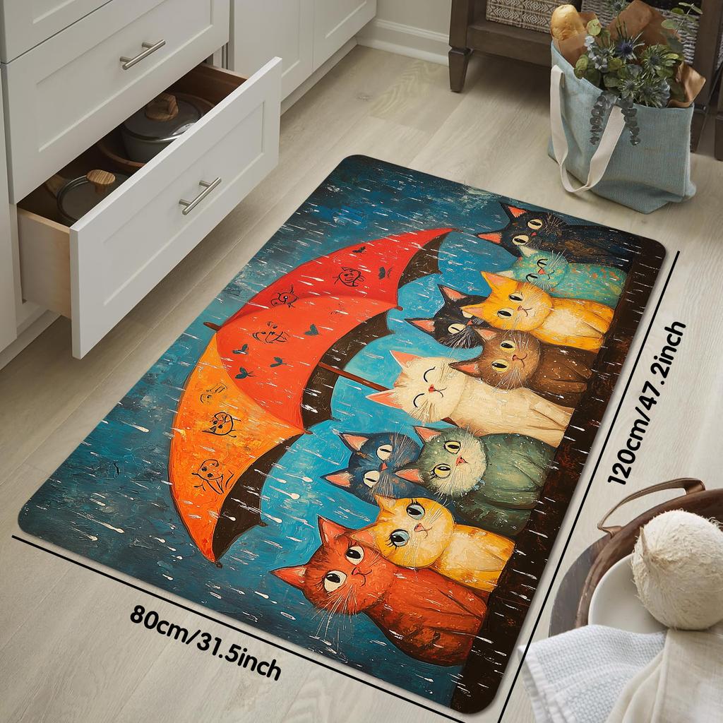 Tappeto Antiscivolo Decorativo Lavabile con Gatto Colorato e Ombrello per Ingresso Camera da Letto Bagno Sala da Pranzo