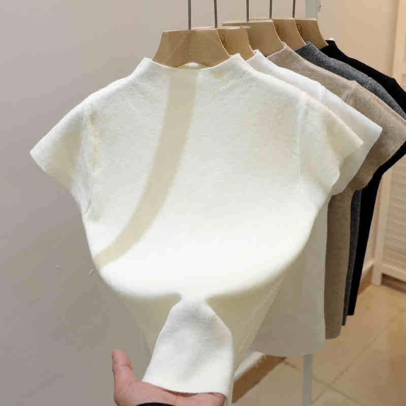 Women's Slim Fit Knitted White Top - Summer 2025 Short Sleeve Half High Neck Tee