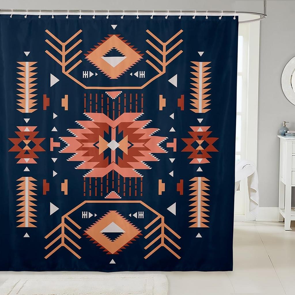 Southwest Shower Curtain, Geometric Aztec Tribal Pattern Bathroom Curtain Vintage Striped Western Waterproof for Kids Girls