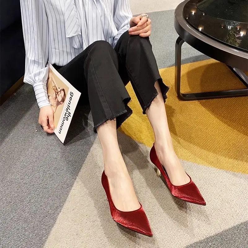 Fashion High Heels Pointed Toe Pumps Wedding Bride Shoe on Heeled Ladies Stilito Women's Shoes Korean Style Wholesale Genuine Mark Y2k