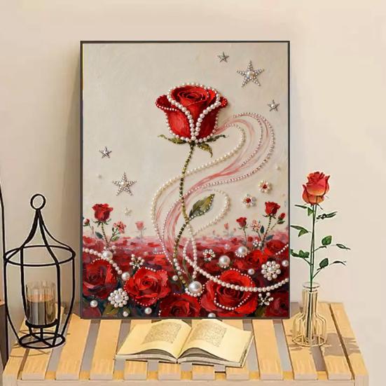 Plastic Pearl Painting Craft Set Faux Pearls Pre-Printed Canvas Set Rose Designs DIY Pearl Painting Kit for Wall Decor Gift Idea