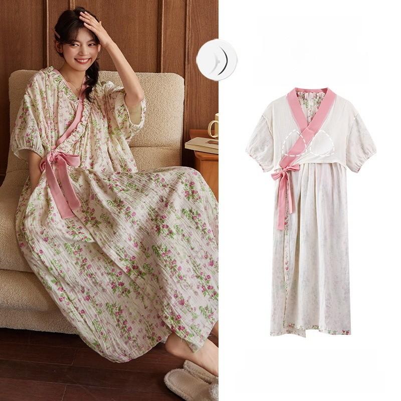 Cloud Cotton Short Sleeve Sleep Dress With Chest Padding For Comfortable Home Wear