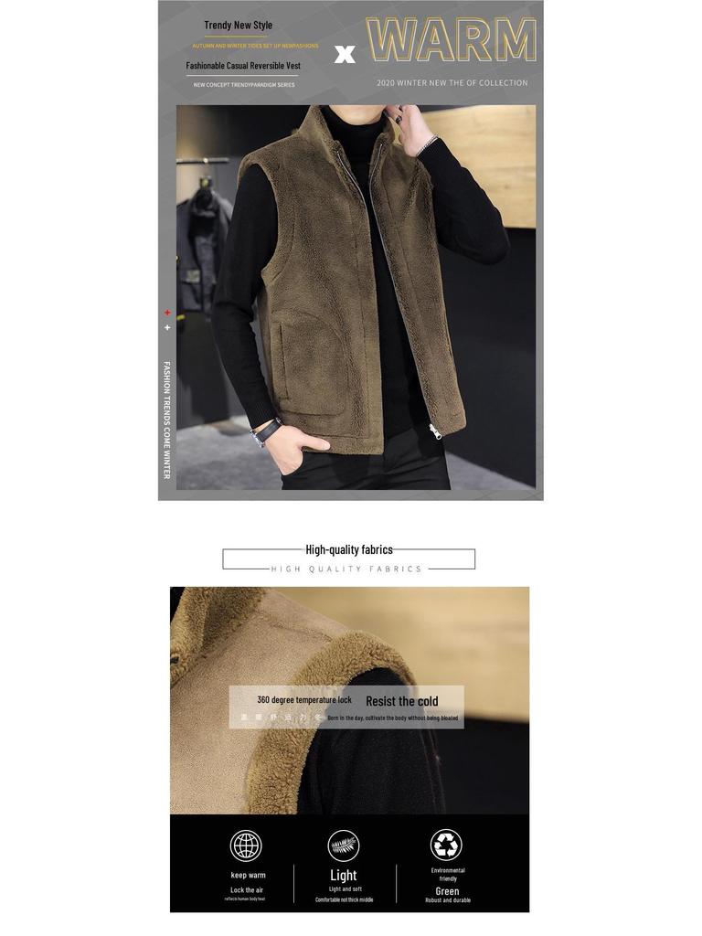 Woodpecker Men's Reversible Fleece and Leather Vest - Autumn/Winter Lambswool Sleeveless Jacket