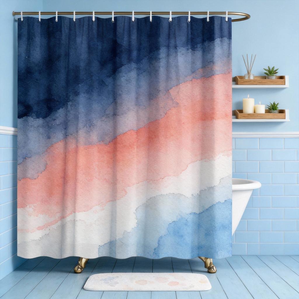 Color Block Plaid Shower Curtain Navy, Coral & Beige Grid Design, Modern Minimalist Pattern for Contemporary Bathroom Decor