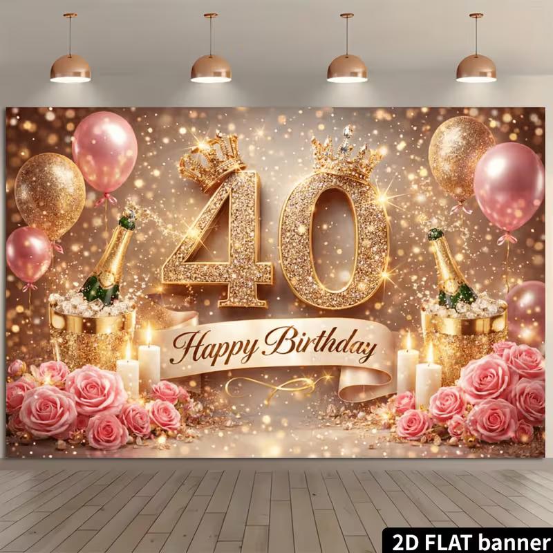 Dwuwymiarowe Złote Brokatowe Tło na 40. Urodziny z Koroną i Balonami