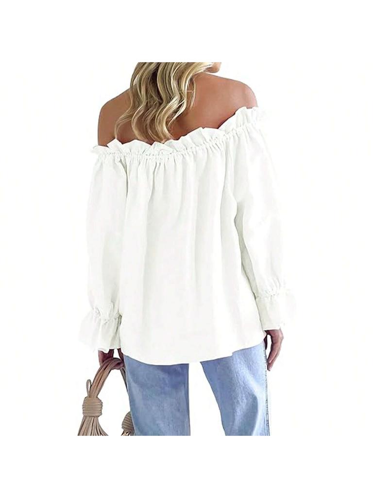 Damen Schulterfrei Bluse Langarm Rüschen Tunika Top Elegant Lässig