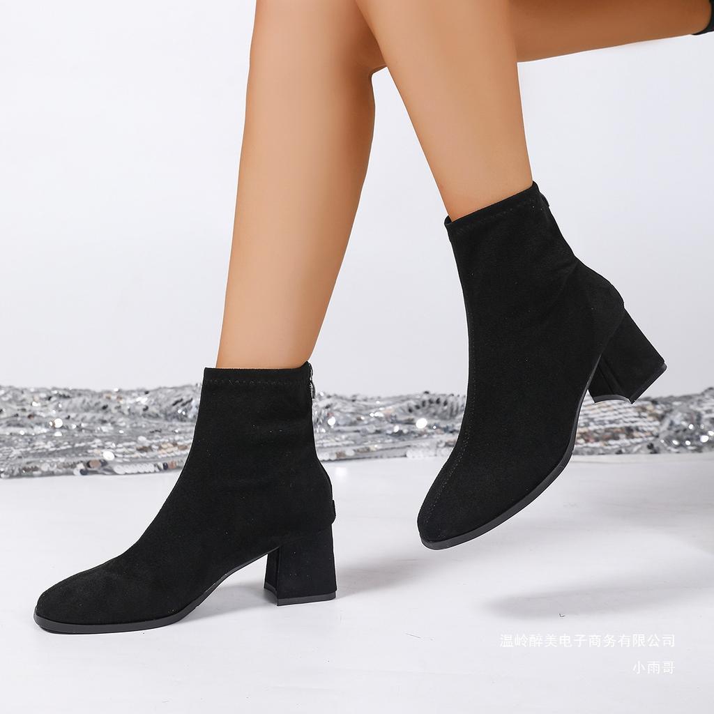 Foreign Trade New European and American Style Leopard Print Square Head Thick Heel Short Boots Women's Suede Medium Heel Short Tube Rear Zipper Martin