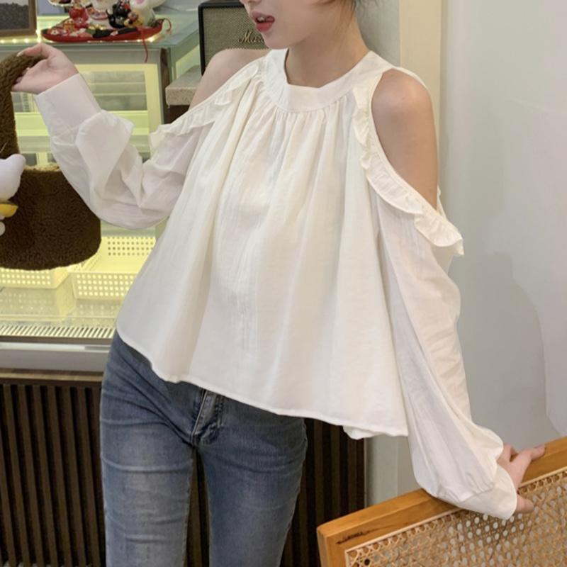 

VONDA Жіночі повсякденні блузки з довгим рукавом і круглим вирізом із відкритими плечима L білий