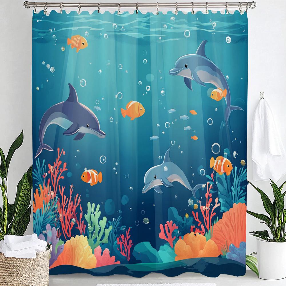 Ocean World Dolphins And Sharks Shower Curtain, Underwater World Bathroom Decorative Curtain, Printed Home Curtain With Hooks