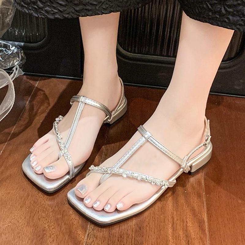 

Fashion Luxury Crystal Women Sandals Clip Toe Flats Shoes Summer Square Toe Slippers 2025 Elegant Woman New Trend Sandalias De Mujer 40 серебряный