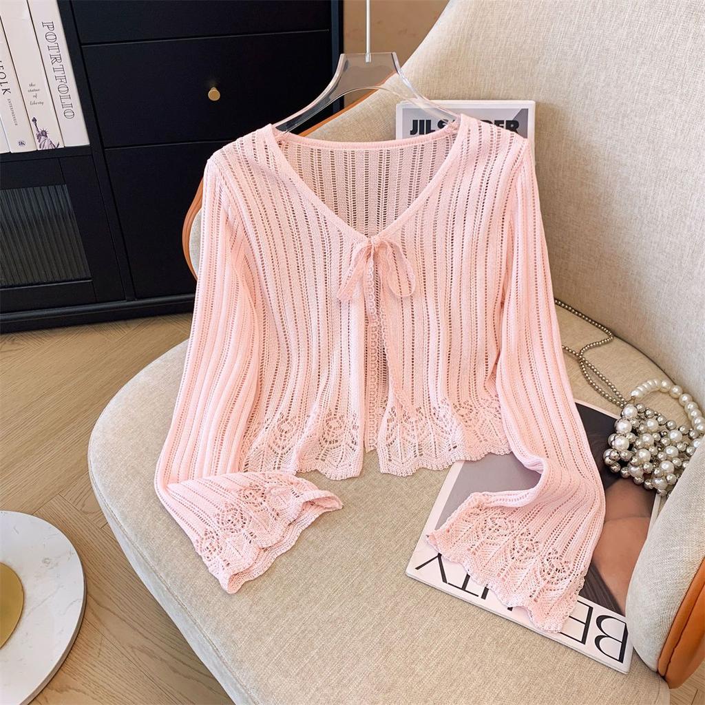 Dámský lehký letní svetr s dutým úpletem, krátký kardigan, jemný top