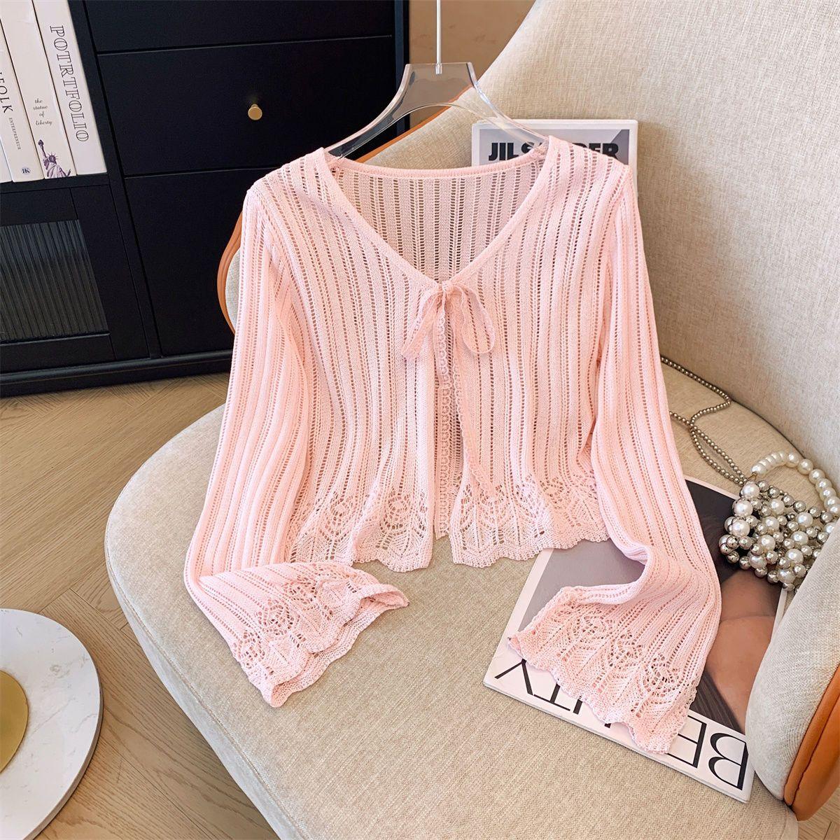 

Короткий кардиган с ажурной вязкой для женщин, летняя тонкая рубашка с солнцезащитным кремом, нежный топ One size розовый