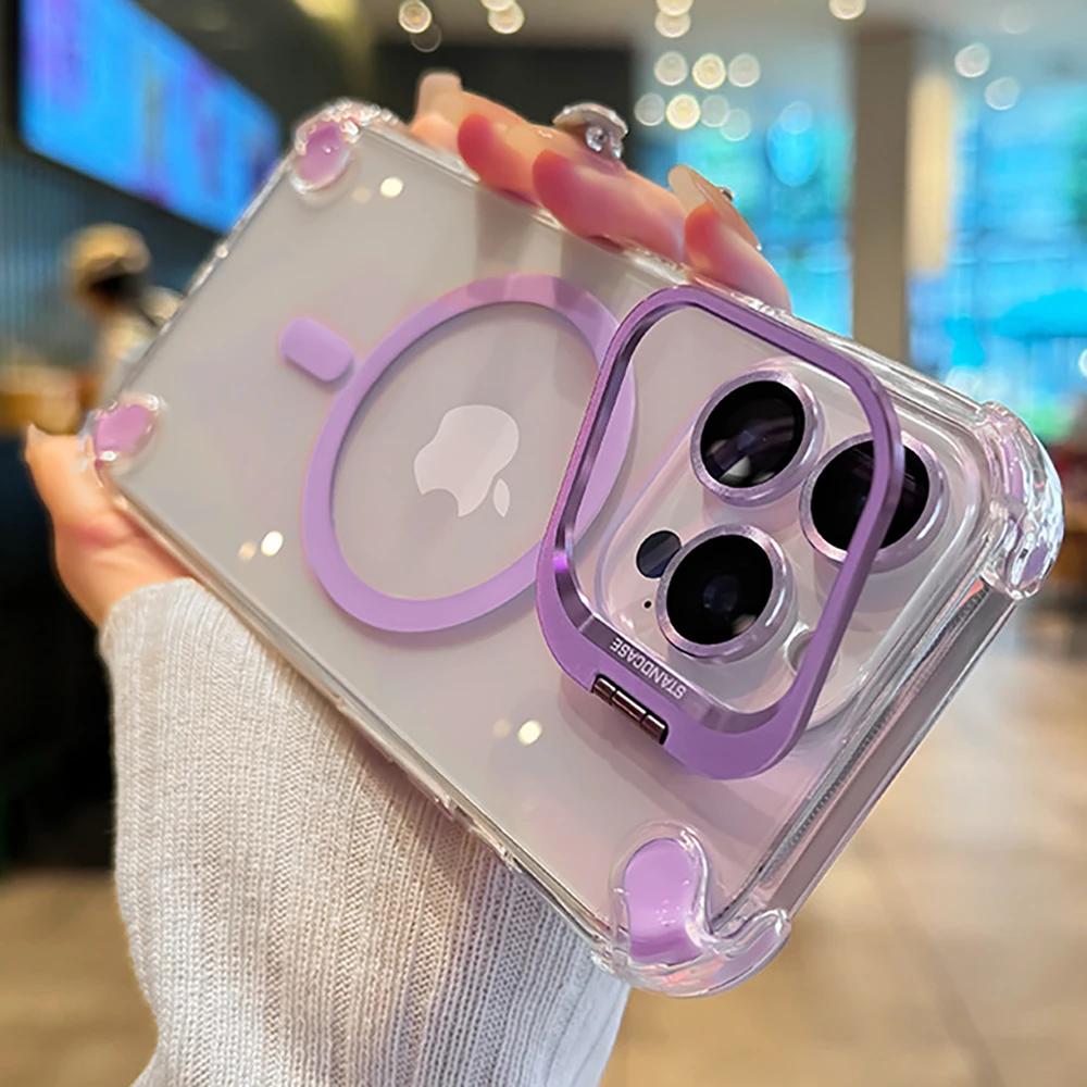 For Magsafe Shockproof Magnetic Phone Case for IPhone 17 16 15 Plus 14 13 12 Pro Max 17Air with Glass Lens Protect Stand Cover