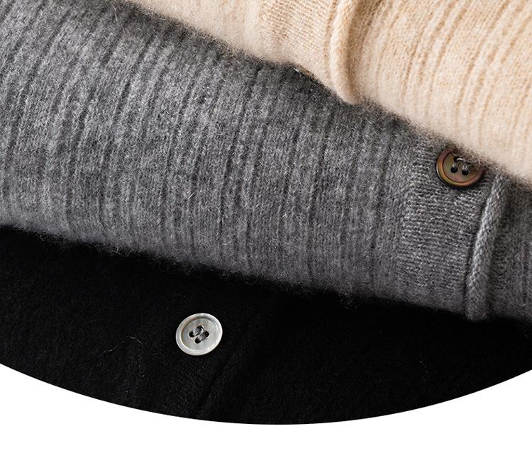 Women's Ribbed V-Neck Cashmere Cardigan - Long Sleeve, Loose Fit, Casual Base Layer Sweater.